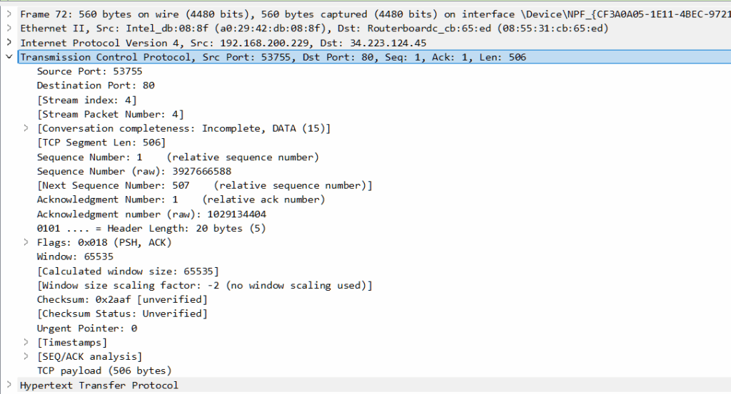 Wireshark menangkap tcp http